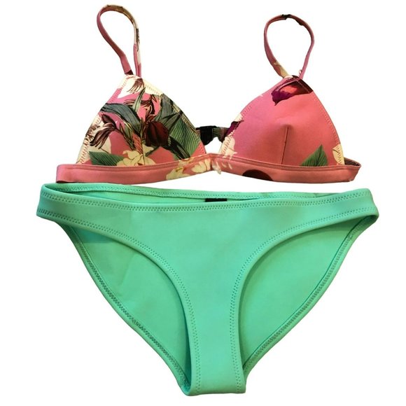 Triangl Bikini Sz S Neoprene Pink Floral Top Green Bottoms Adj Shoulder Straps - Picture 1 of 9